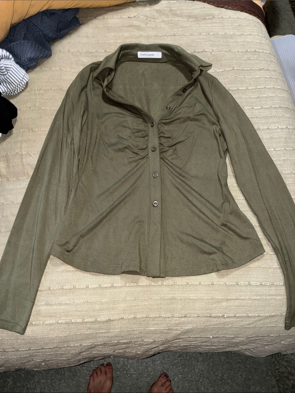 Petite ruched olive button-down shirt by Pretty Garden